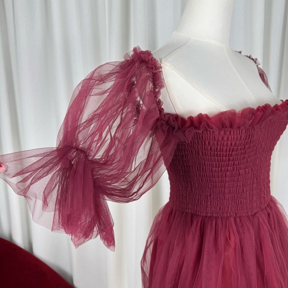 Beasha Studios Tulle Babydoll Wine Mini Dress with Puff Sleeves L - Picture 12 of 13